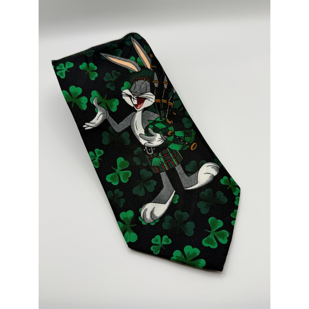 Looney Tunes Bugs Bunny Tie OS Vintage 90s Shamrock St Patricks Day Irish Kilt